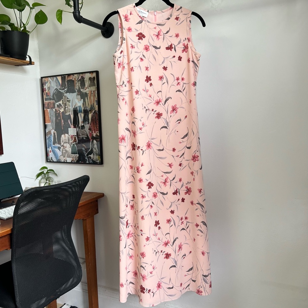 Vintage 90’s Rena Rowan Pink Green Floral Maxi Sleeveless Dress Size 2 Petite 2P